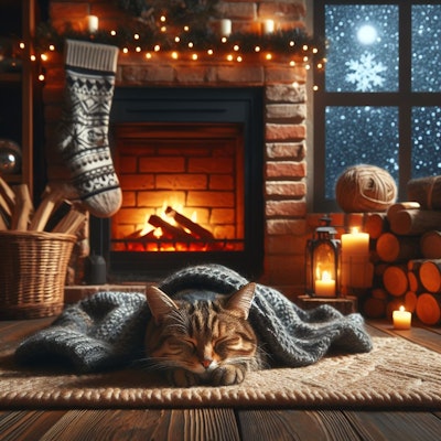 暖炉の前で寝る猫