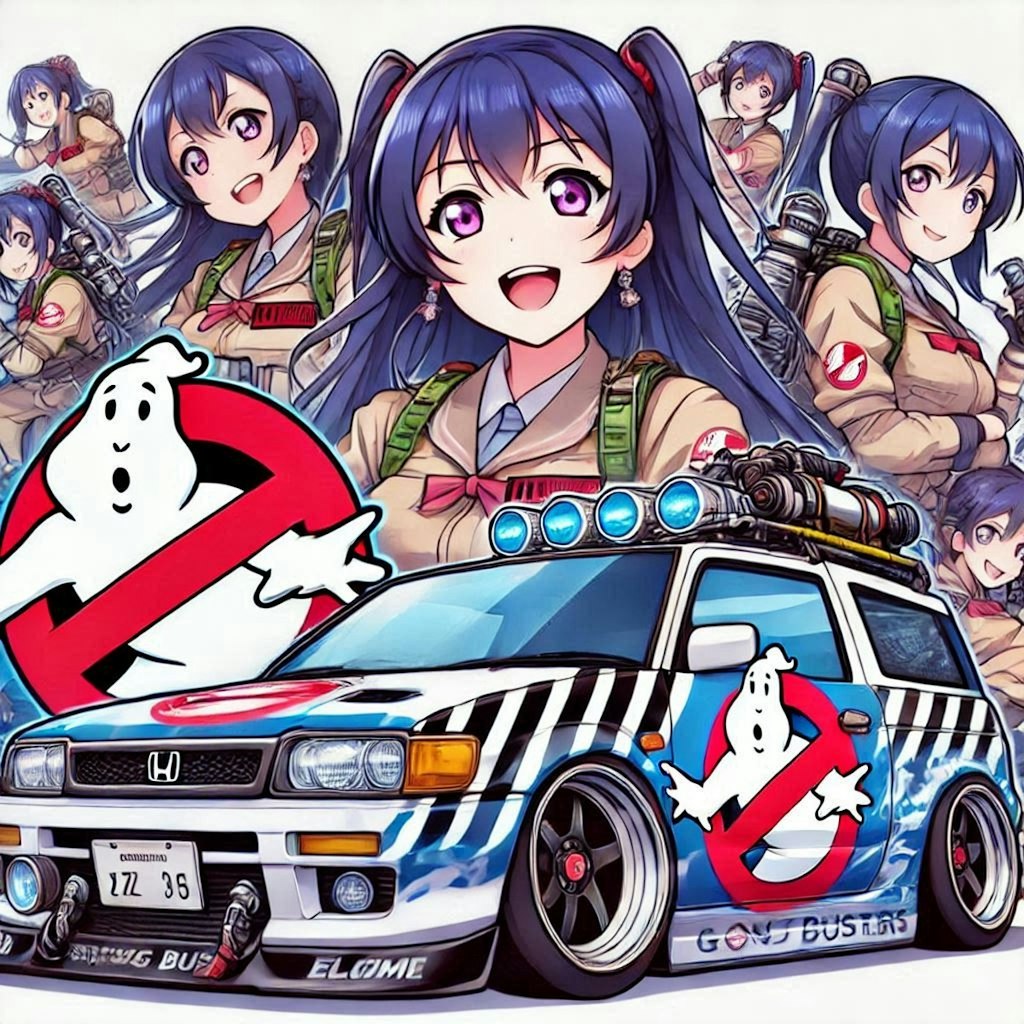 ラブライブのアニメのキャラとゴーストバスターズカラーホンダエレメントレーシングカー