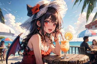 真夏のビーチでオレンジジュースを飲むヴァンパイアガール♡ | の人気AIイラスト・グラビア