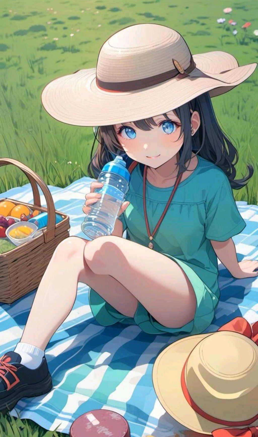 ピクニック　水を飲む少女