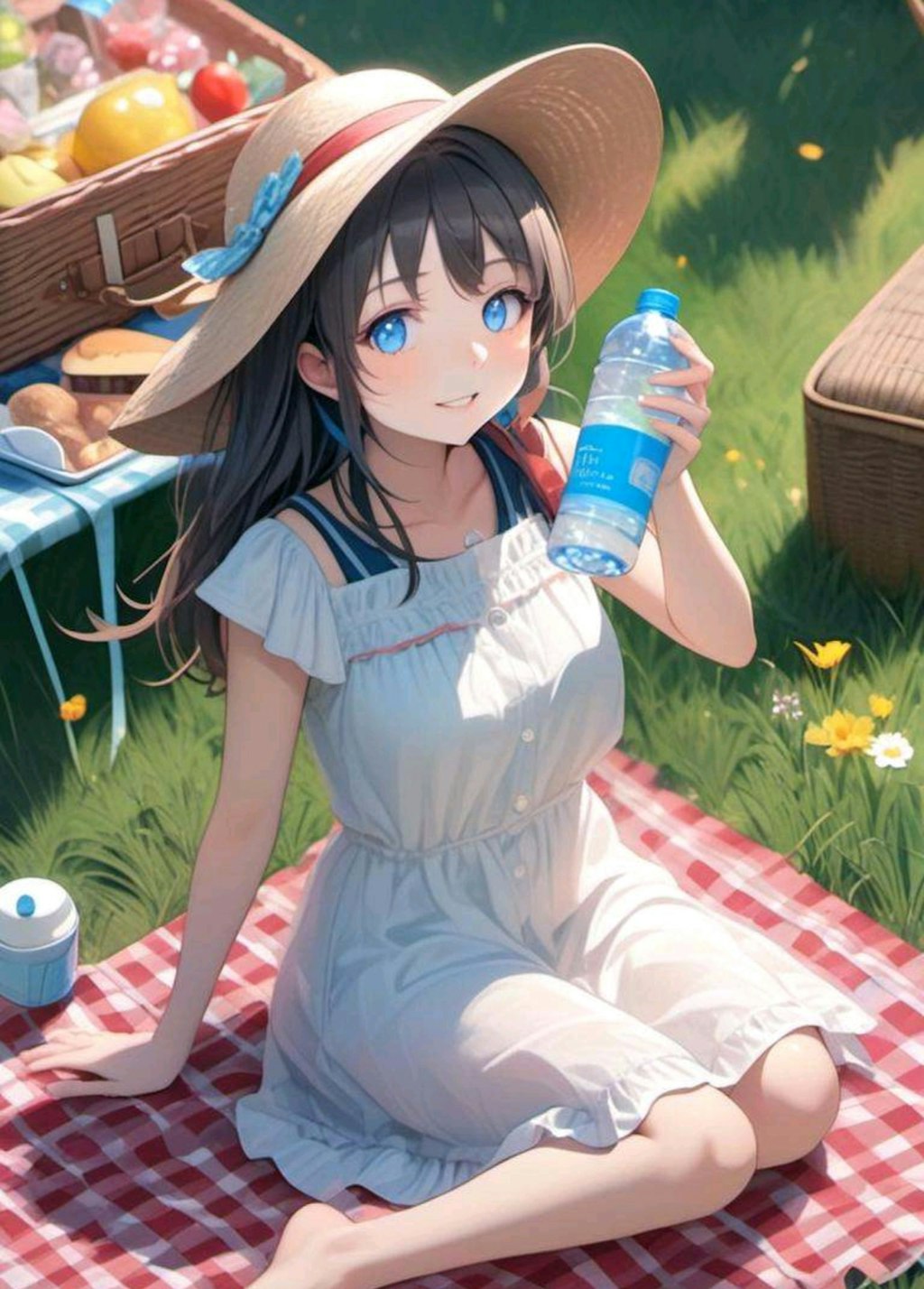 ピクニック　水を飲む少女