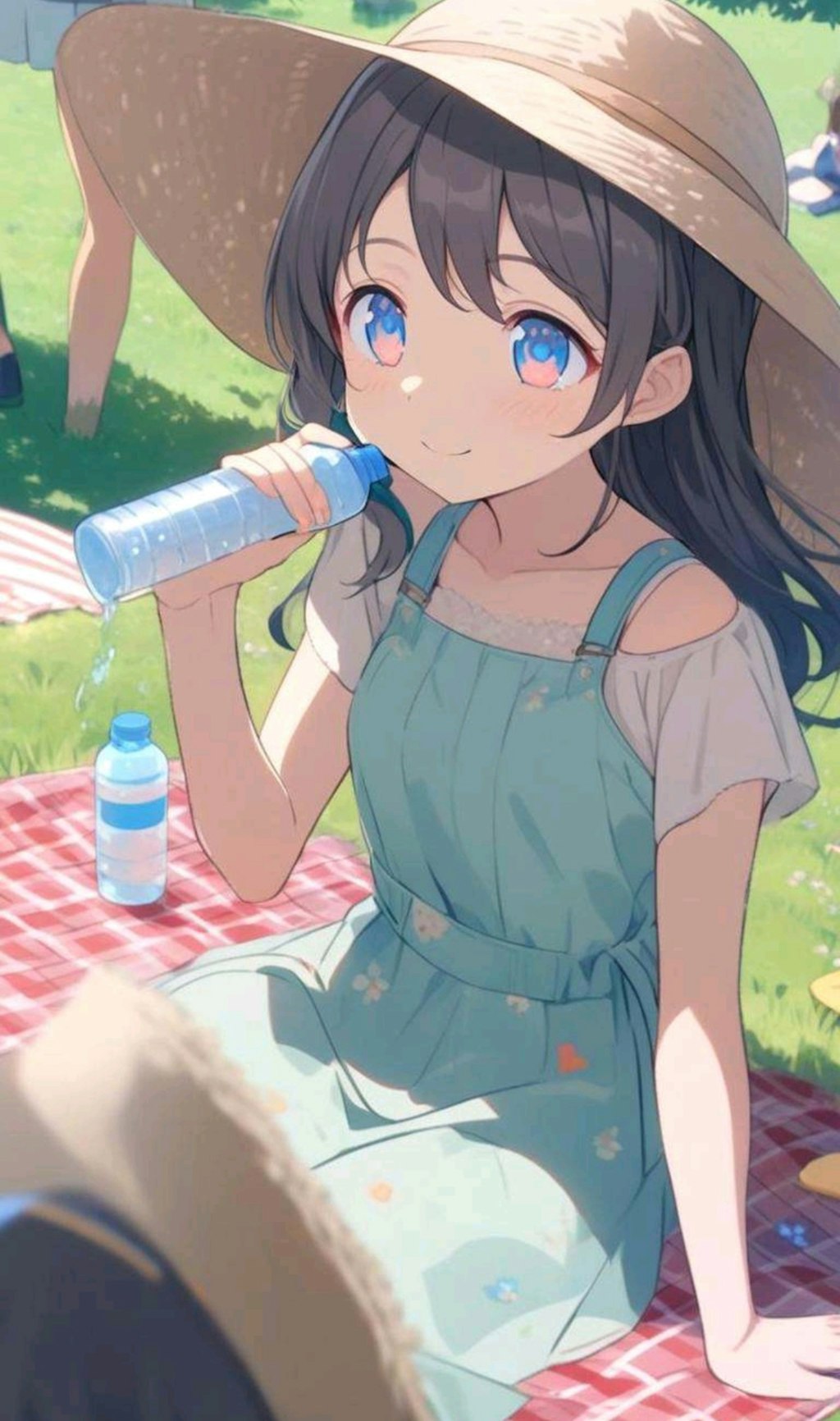 ピクニック　水を飲む少女