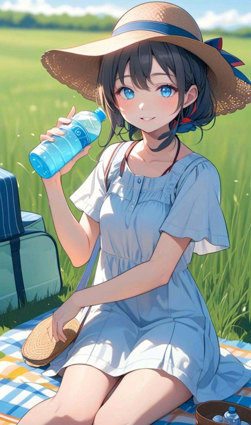 ピクニック　水を飲む少女