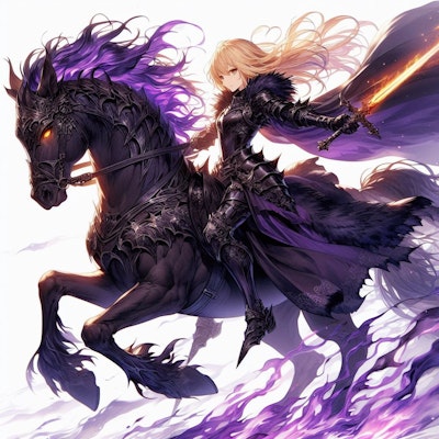 紫炎の馬に乗るブロンドの女騎士さん
