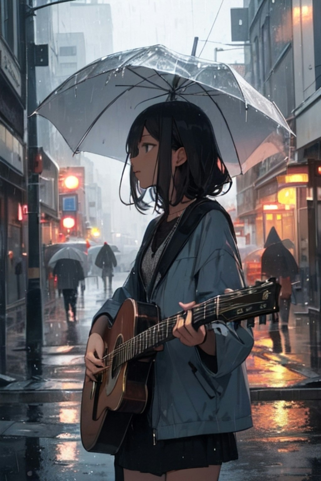 雨の降る街角で弾き語る少女。