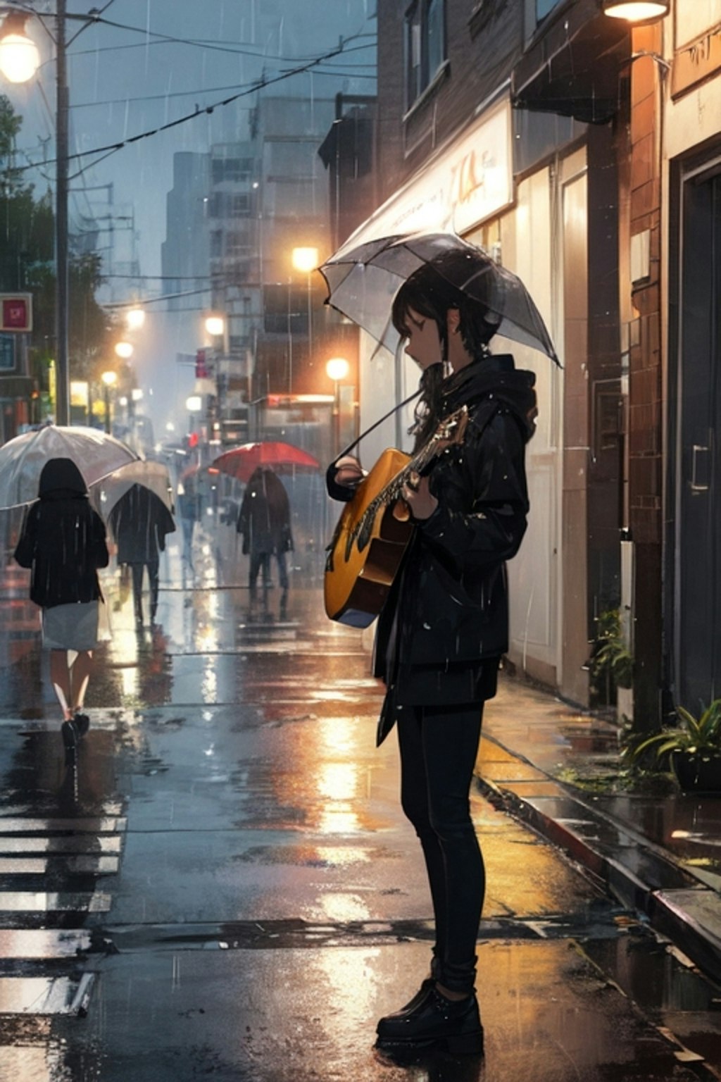 雨の降る街角で弾き語る少女。