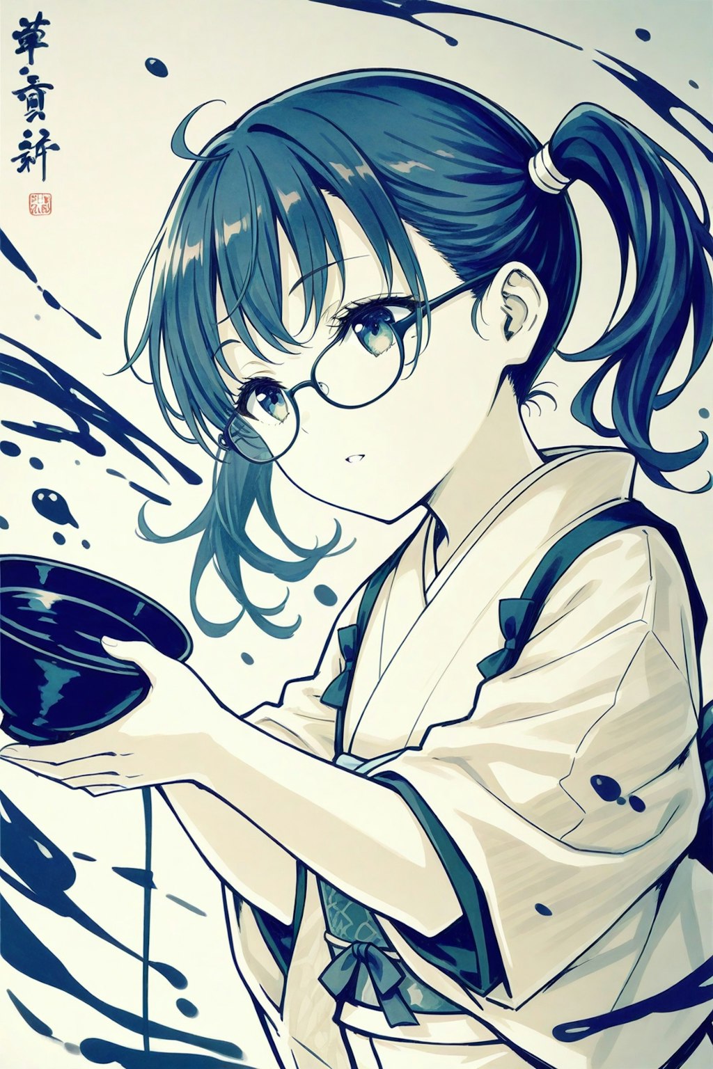 １０単語で黒髪ツインテールの水墨絵
