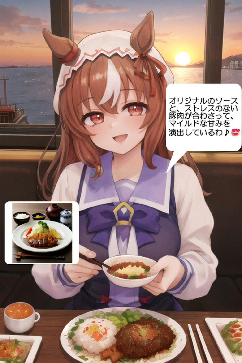 スティルインラブちゃん、大阪南港近くのレストランにてトンカツ定食を食べながら楽しい会話をする