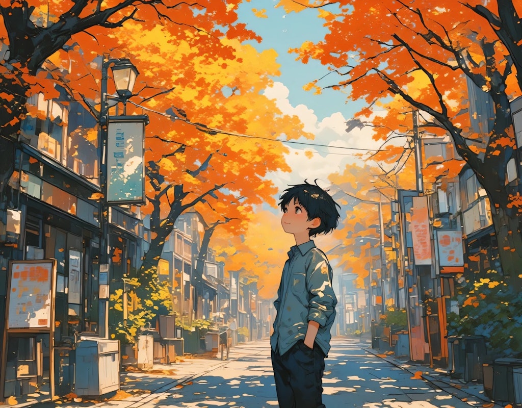 A boy enjoying the streets where autumn has fallen