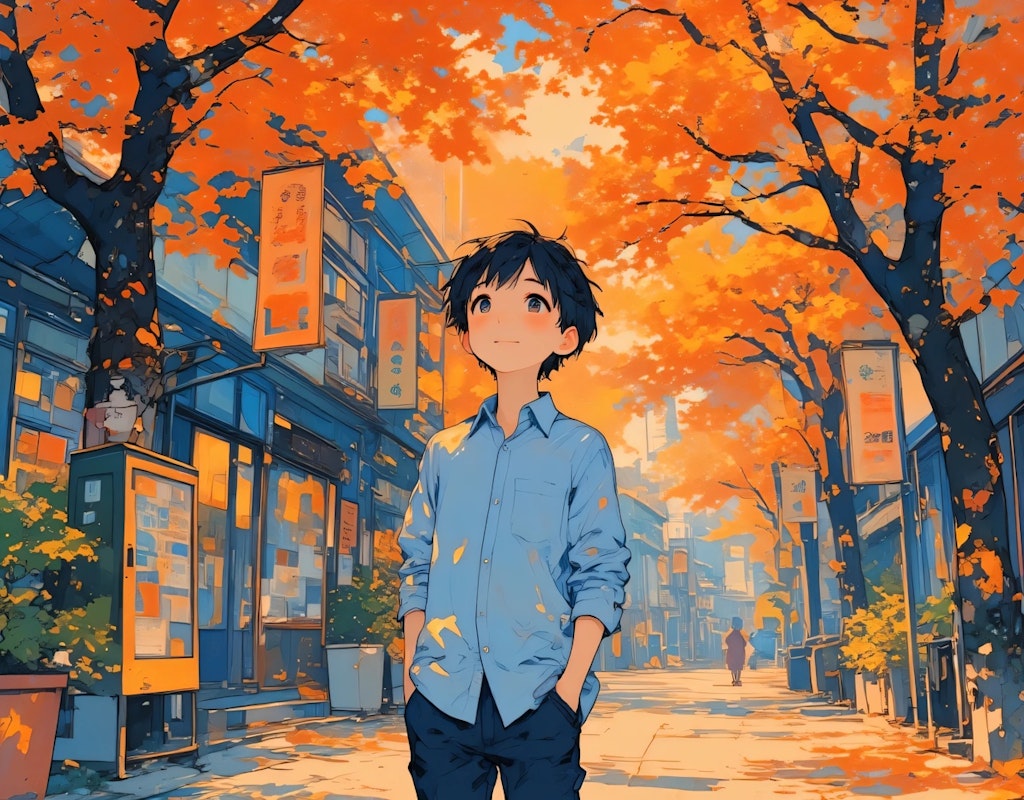 A boy enjoying the streets where autumn has fallen