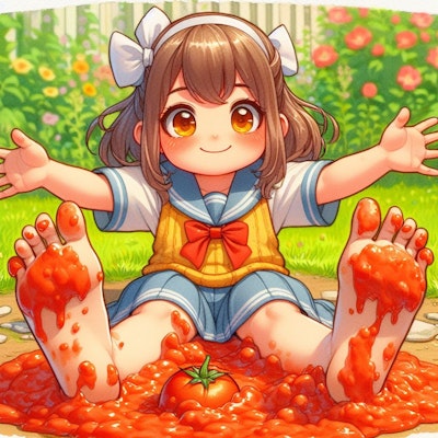 裸足でぐちゃぐちゃトマト
