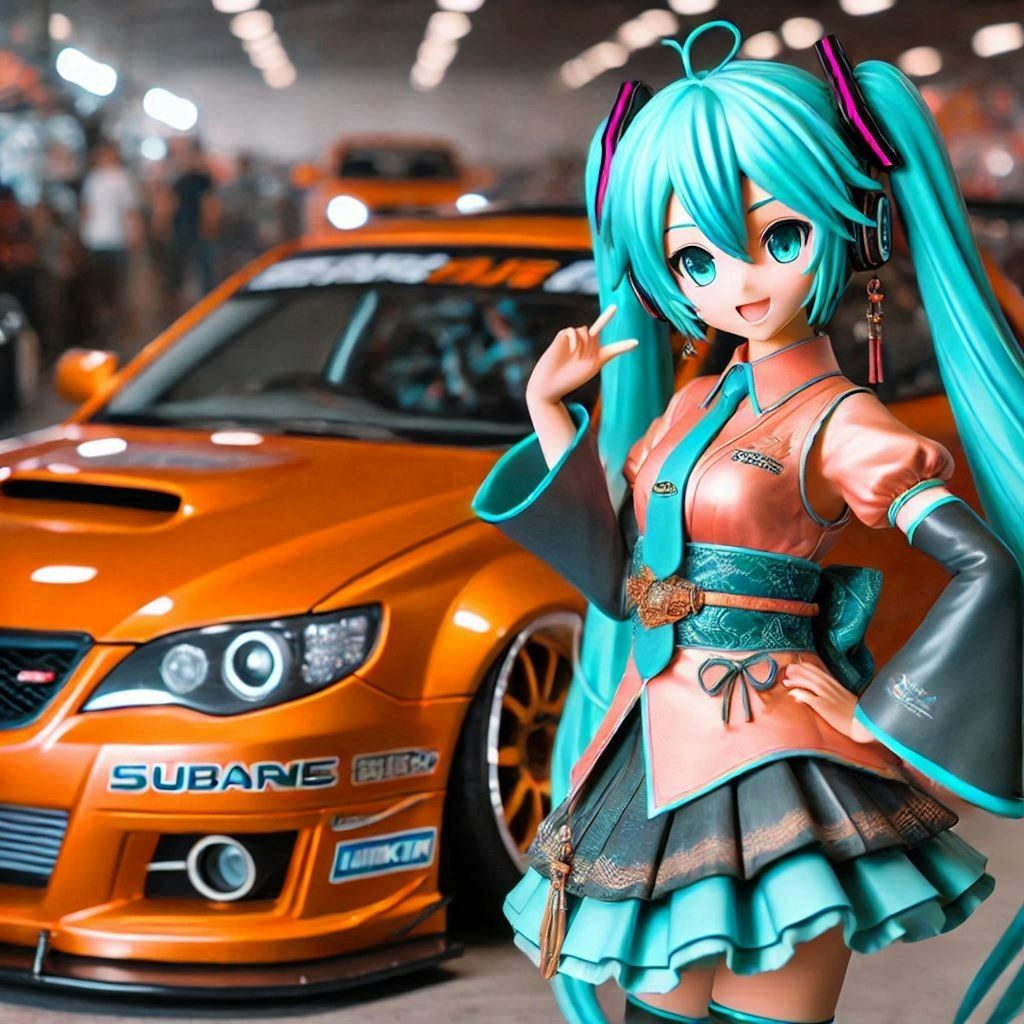 初音ミクキャラとオレンジカラースバルレガシィツーリングワゴンのドリ車