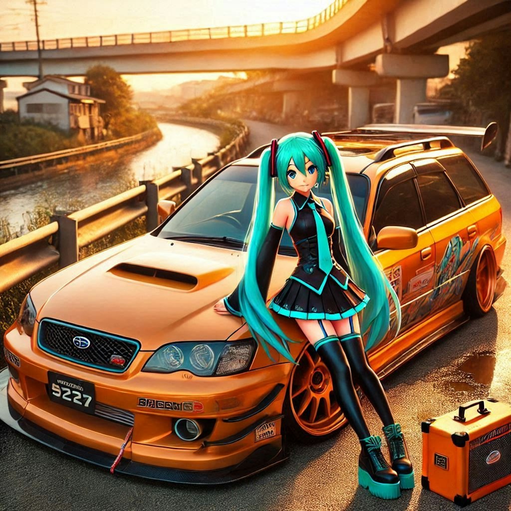 初音ミクキャラとオレンジカラースバルレガシィツーリングワゴンのドリ車