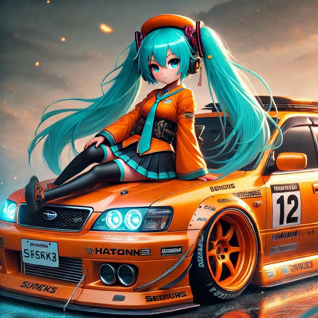 初音ミクキャラとオレンジカラースバルレガシィツーリングワゴンのドリ車