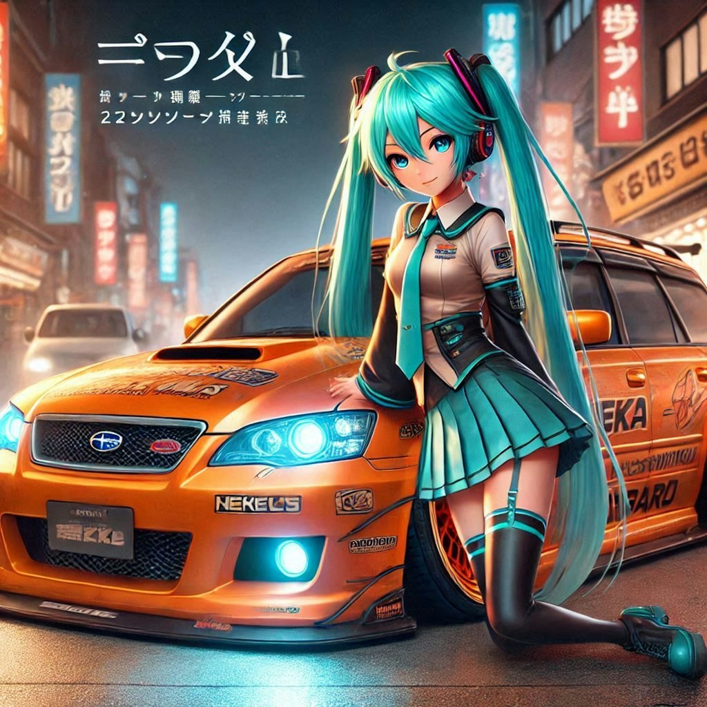 初音ミクキャラとオレンジカラースバルレガシィツーリングワゴンのドリ車