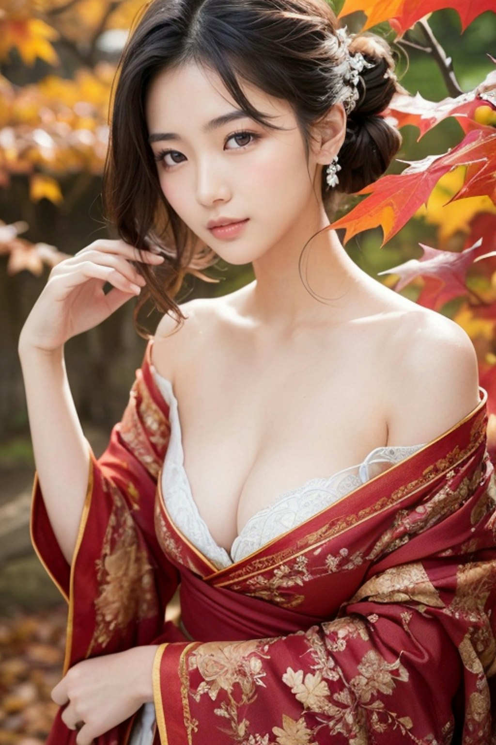 紅葉と美女