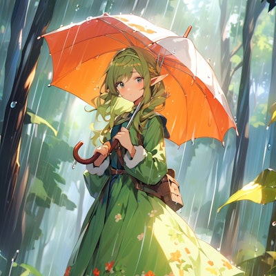 雨の日、エルフの女性