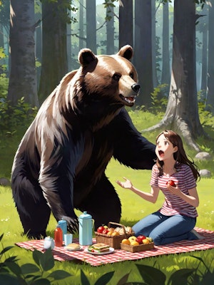 ピクニック中に熊に遭遇する女の子