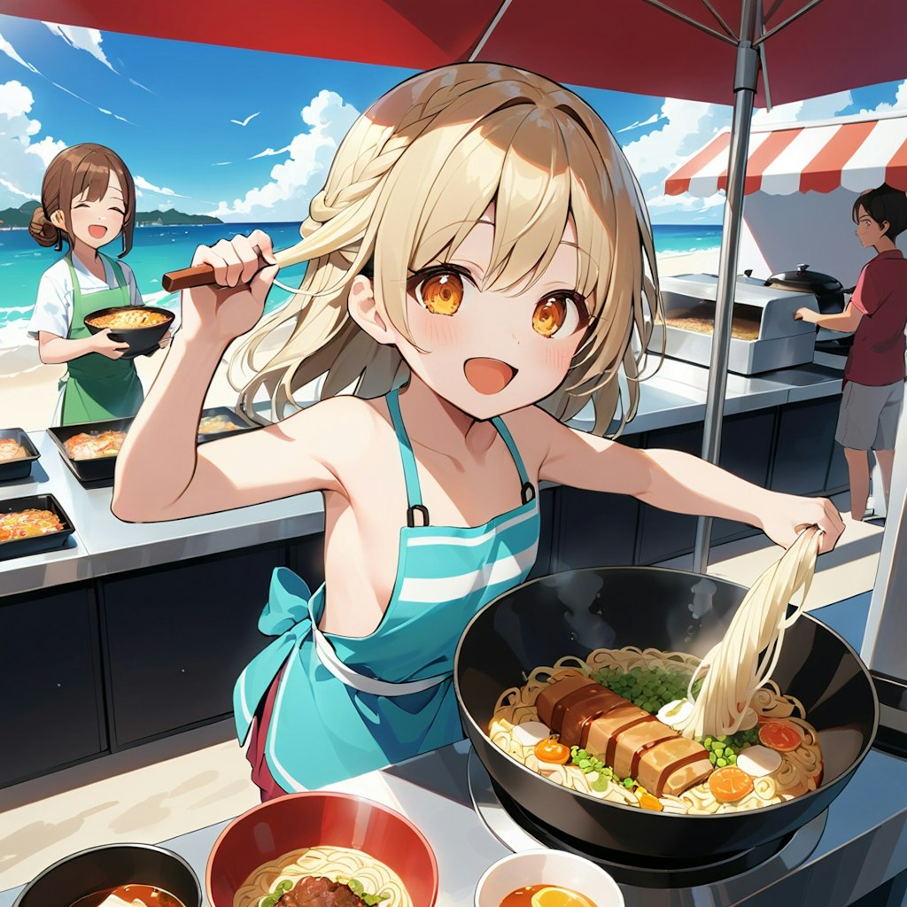 手から焼きそばを出す女の子(モデル比較有り)