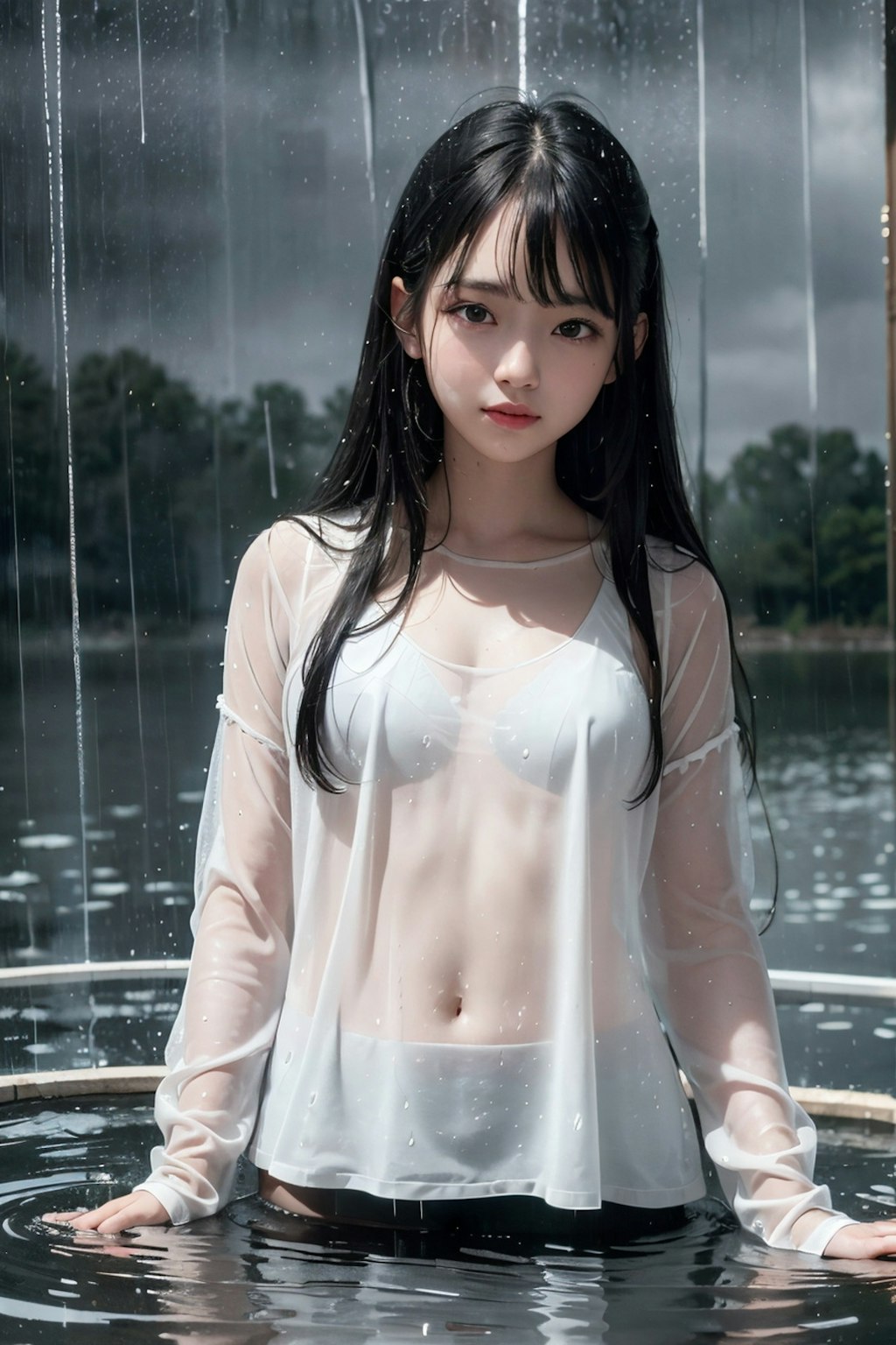 雨に濡れる女子高生