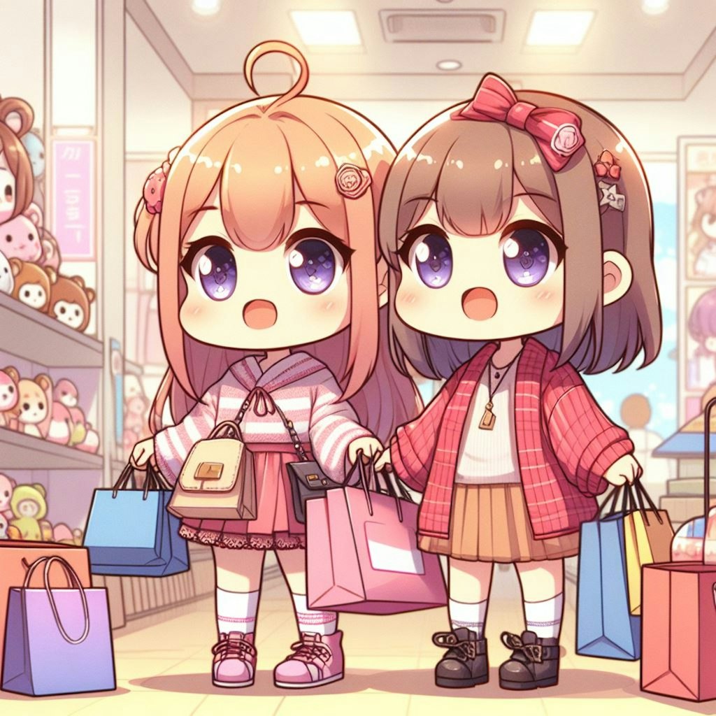 ショッピングモールでお買い物をしている二人のちびちゃん。