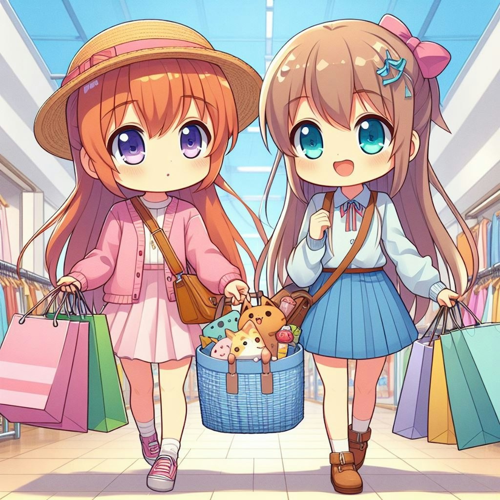 ショッピングモールでお買い物をしている二人のちびちゃん。