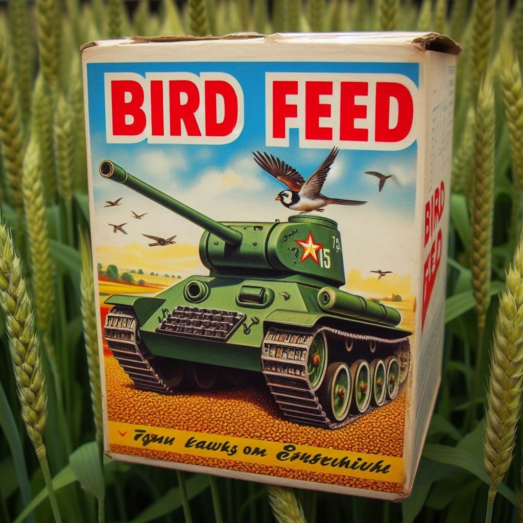 Bird feed ad but with a tank on the cover