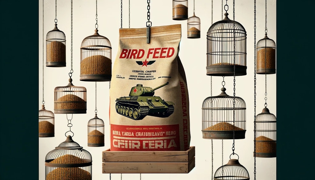 Bird feed ad but with a tank on the cover