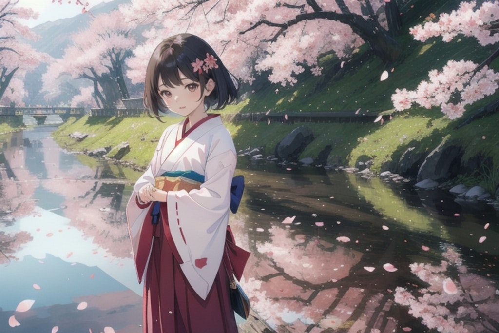 水面に映る桜と少女