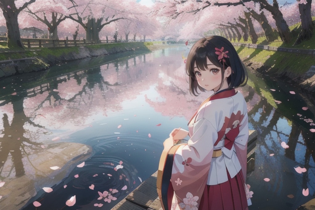 水面に映る桜と少女