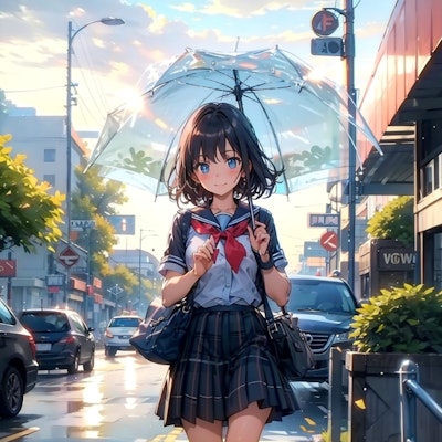 月曜日の女の子　雨の通学路