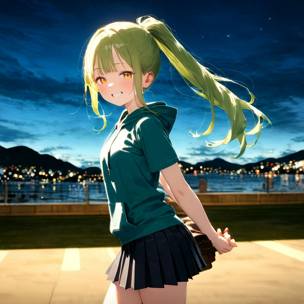 緑髪の少女と夜景