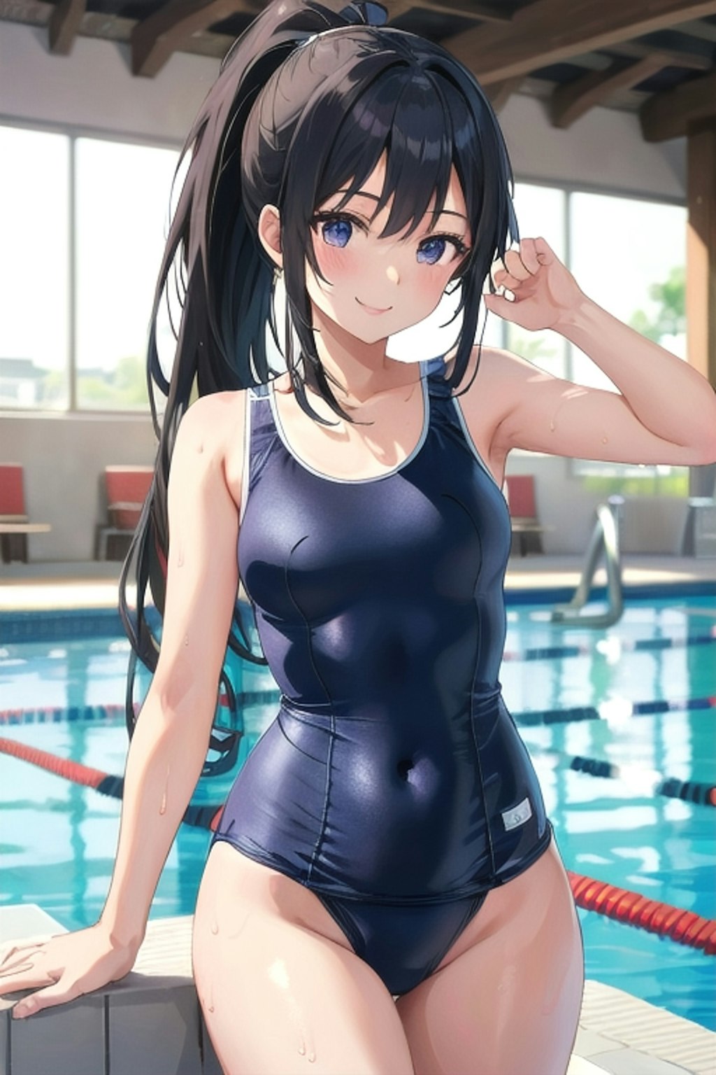 学校の水泳の授業でのスクール水着の少女