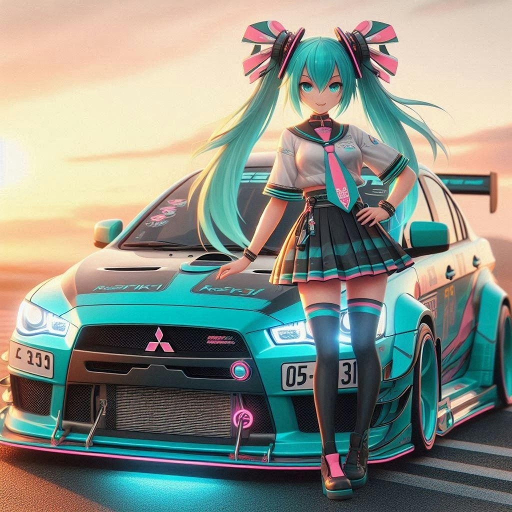 初音ミクカラーの三菱ランサーエボリューションのドリ車 2