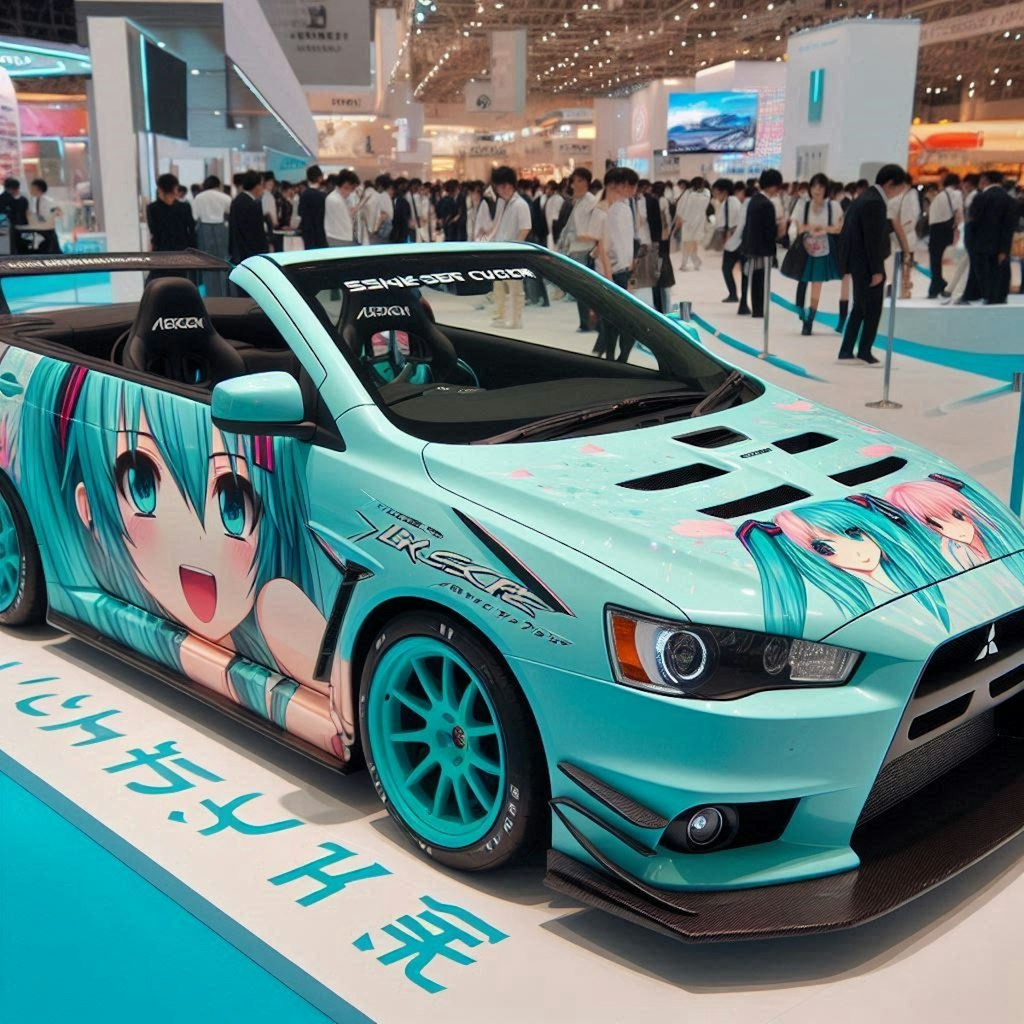 初音ミクカラーの三菱ランサーエボリューションのドリ車 2