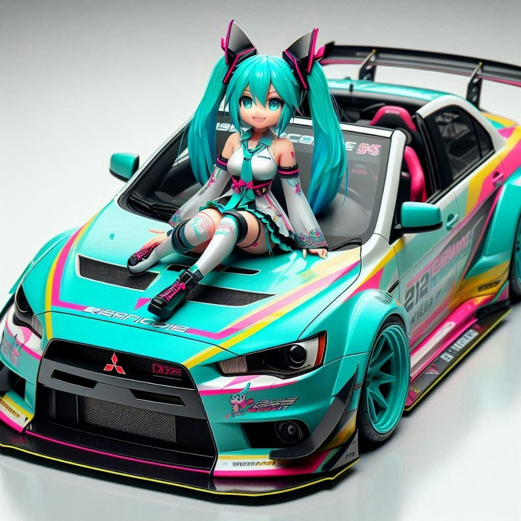 初音ミクカラーの三菱ランサーエボリューションのドリ車 2