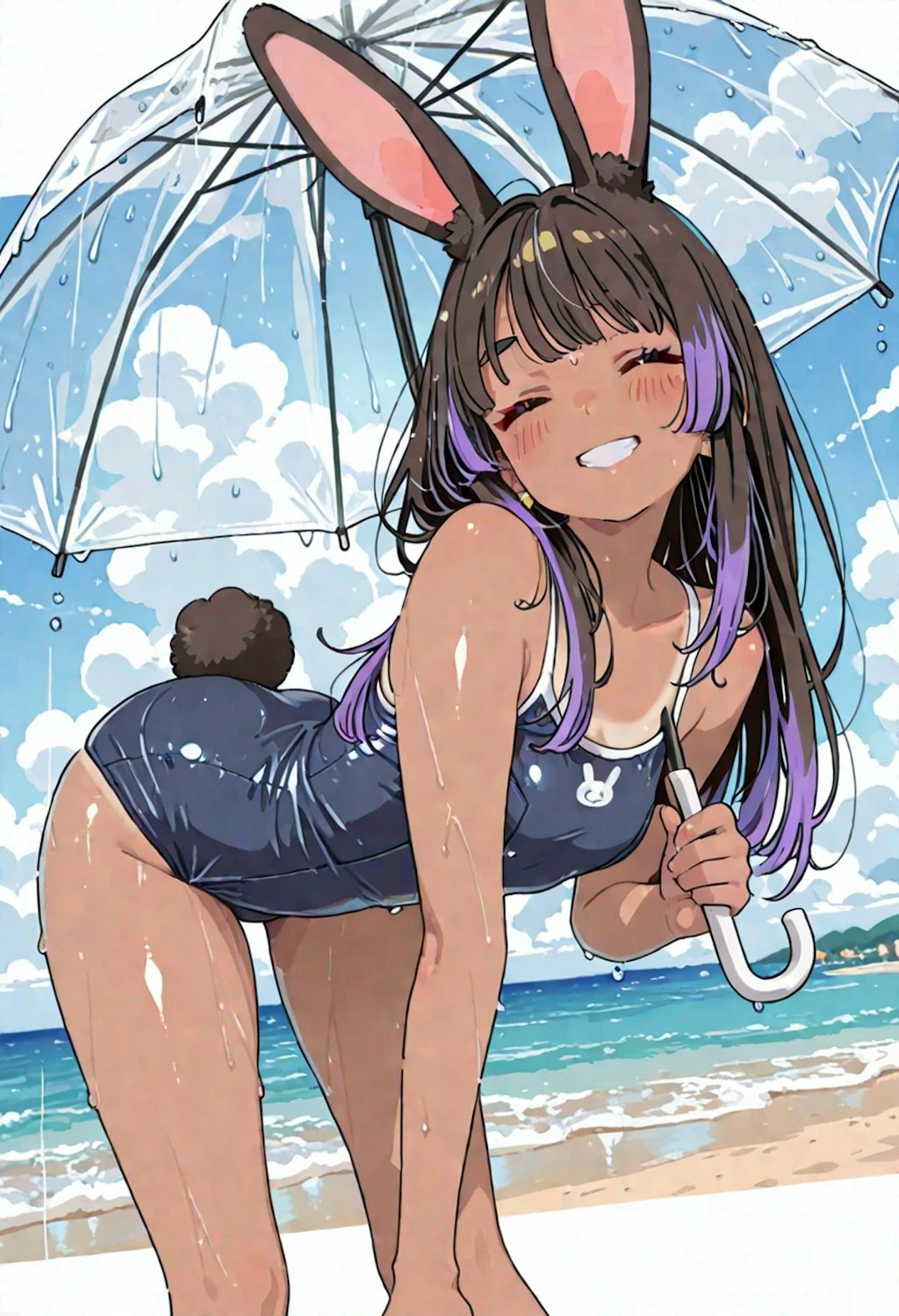ビニ傘スク水貧乳うさ耳ギャル
