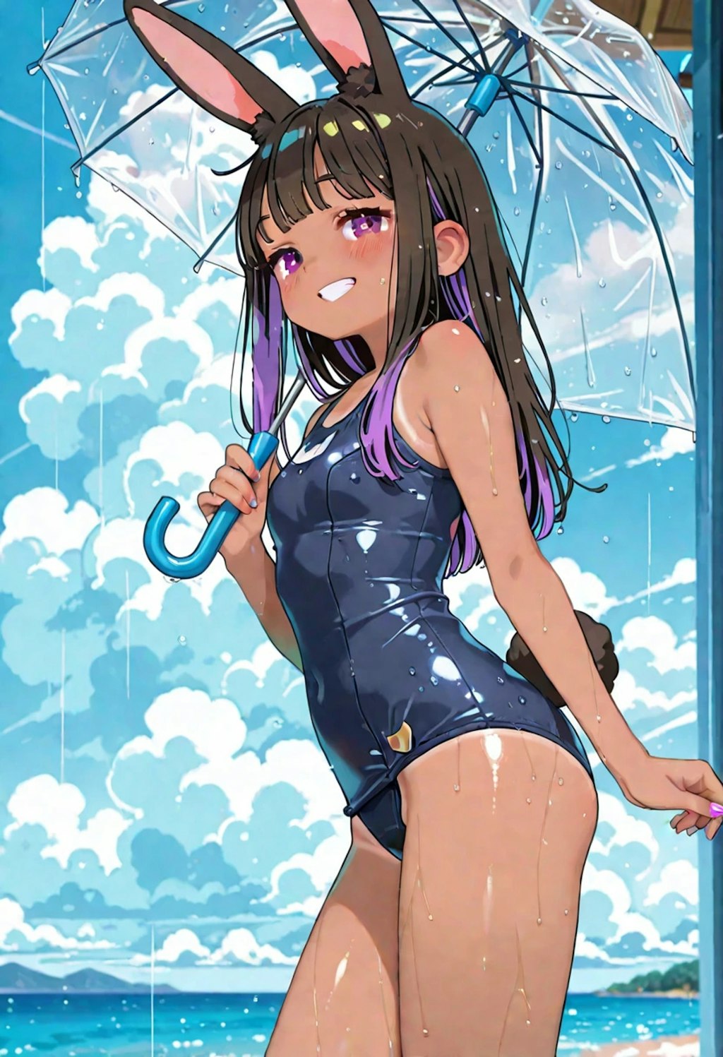 ビニ傘スク水貧乳うさ耳ギャル