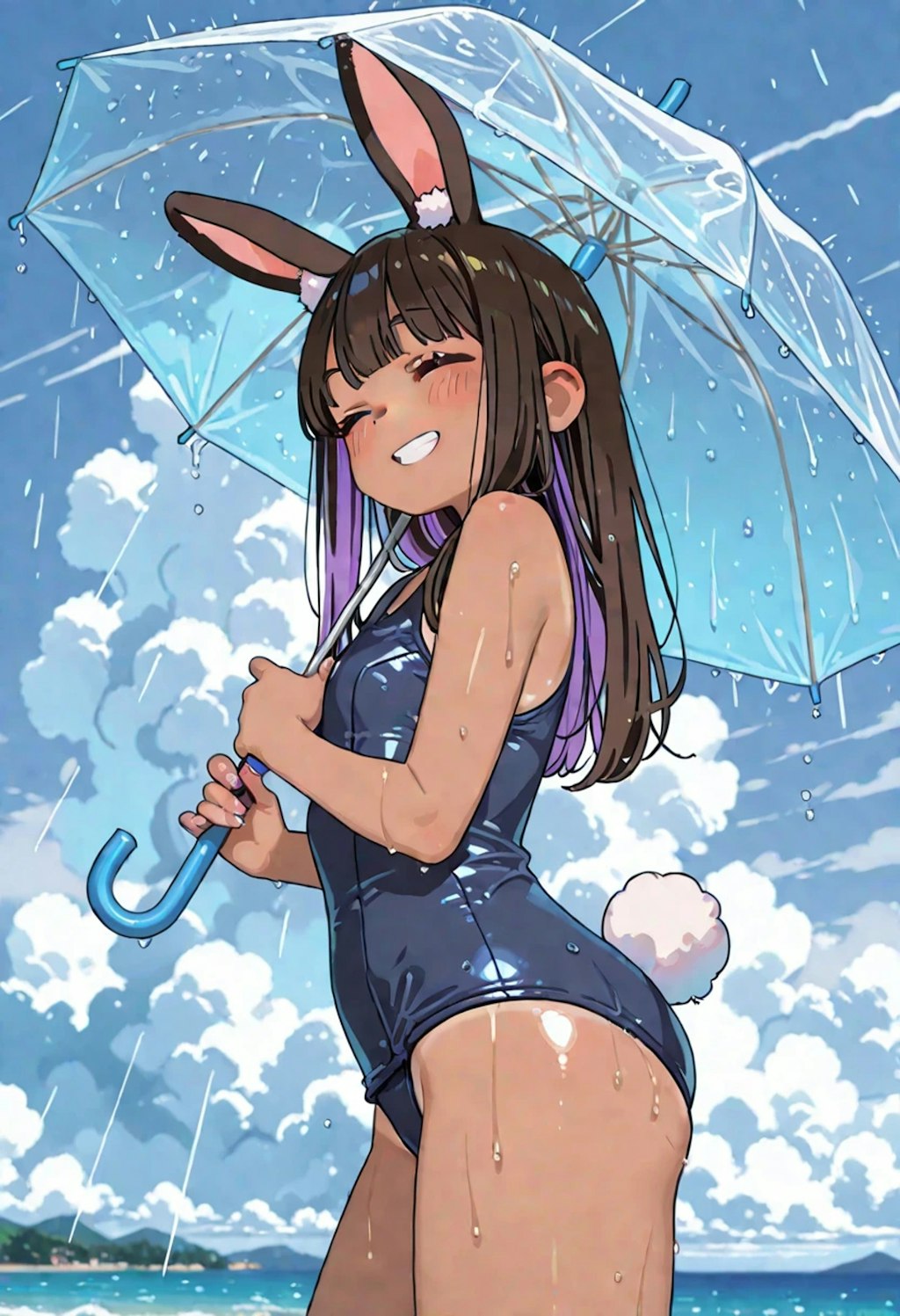 ビニ傘スク水貧乳うさ耳ギャル