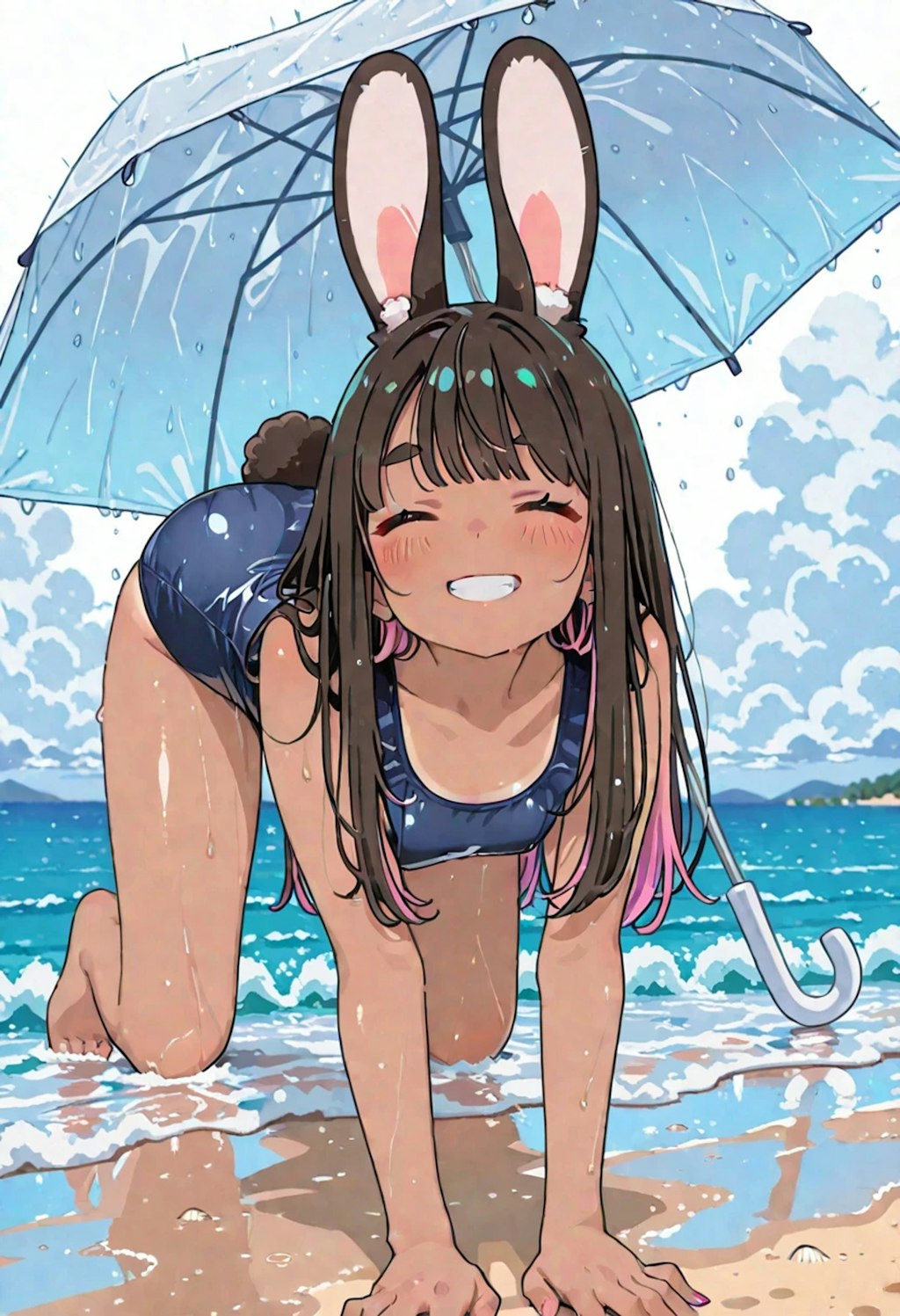ビニ傘スク水貧乳うさ耳ギャル