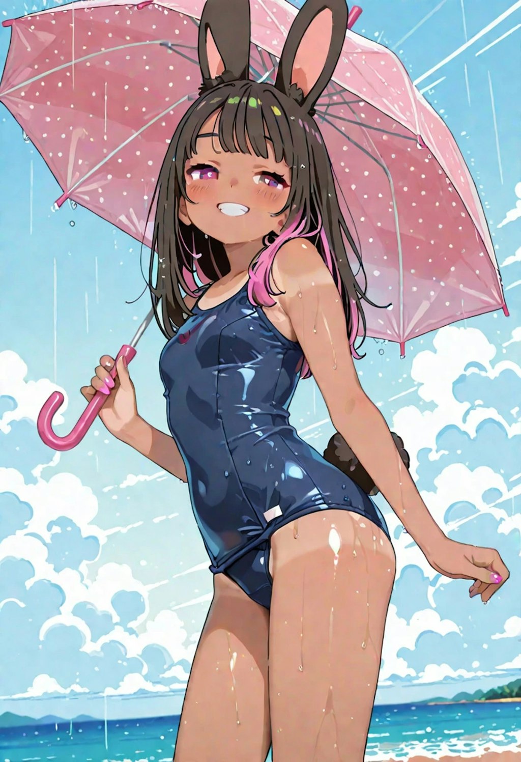 ビニ傘スク水貧乳うさ耳ギャル