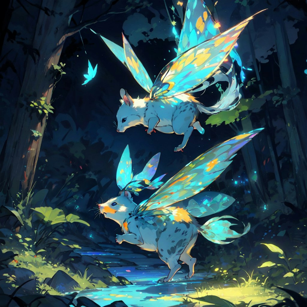 夜の森に漂う光　フワーフライリンクス【AI幻獣図鑑】