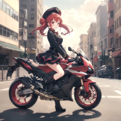 街をバイクで駆け抜ける赤髪の女の子