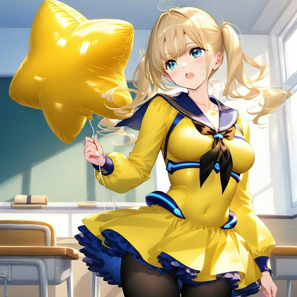 教室で星形の風船を持つブロンドロングのセーラー服の美少女