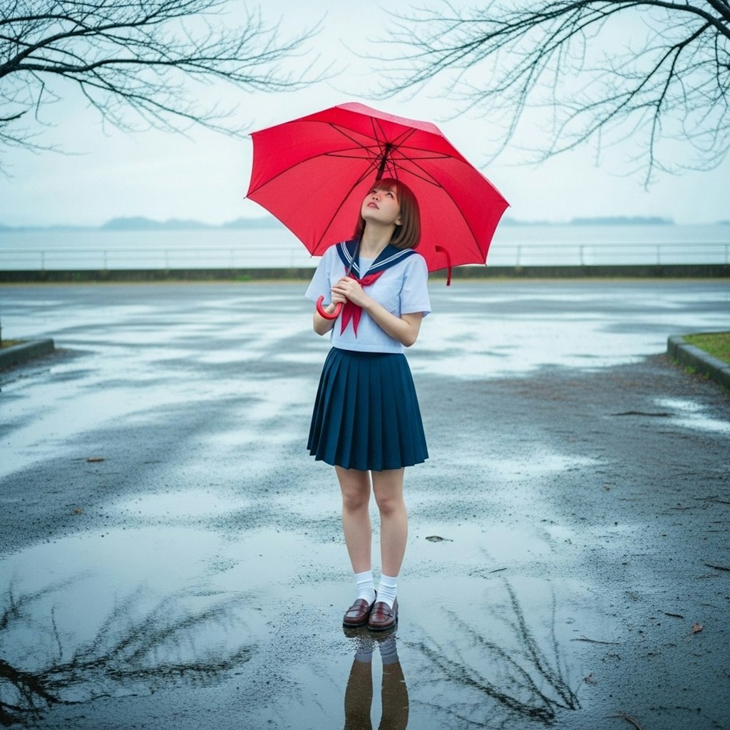 雨上がり　赤い傘