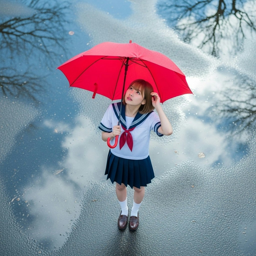 雨上がり　赤い傘