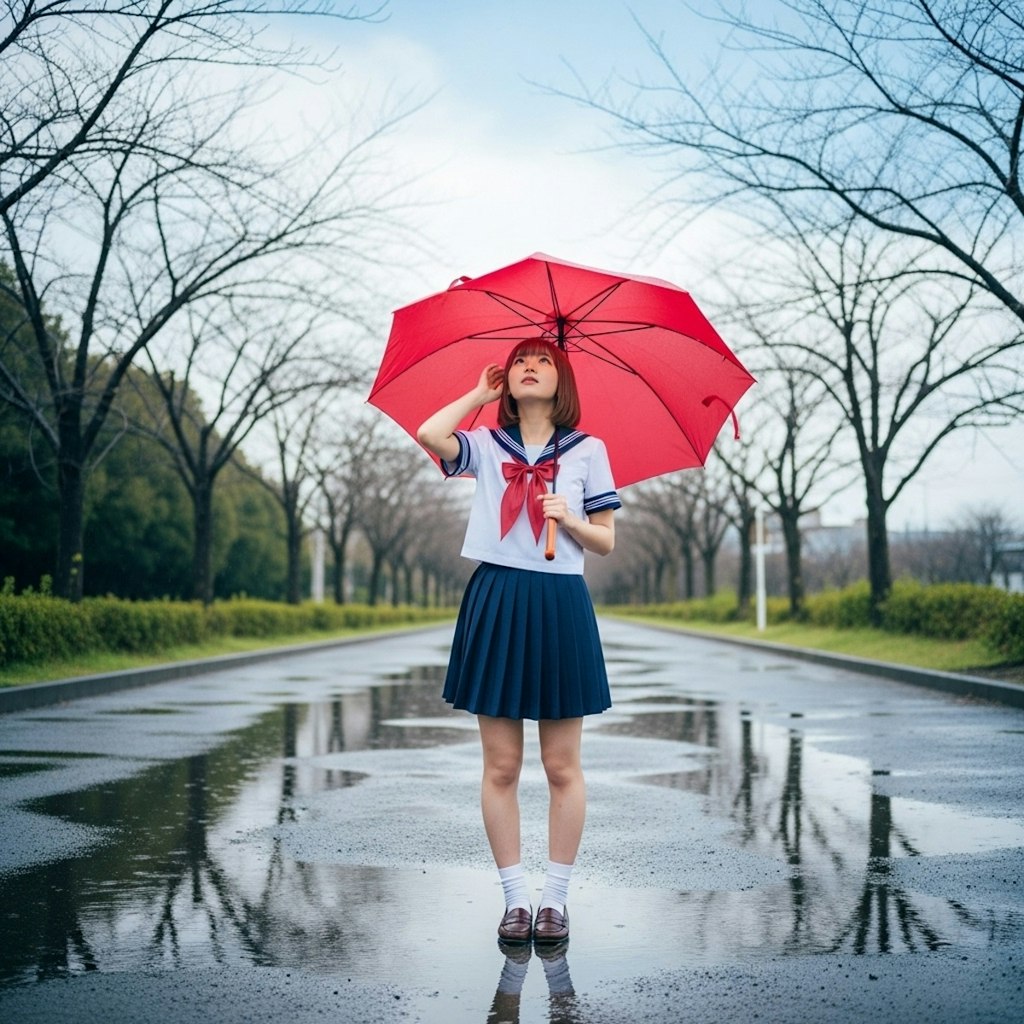 雨上がり　赤い傘