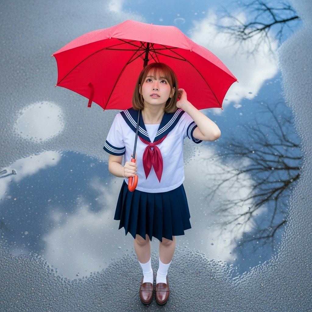 雨上がり　赤い傘