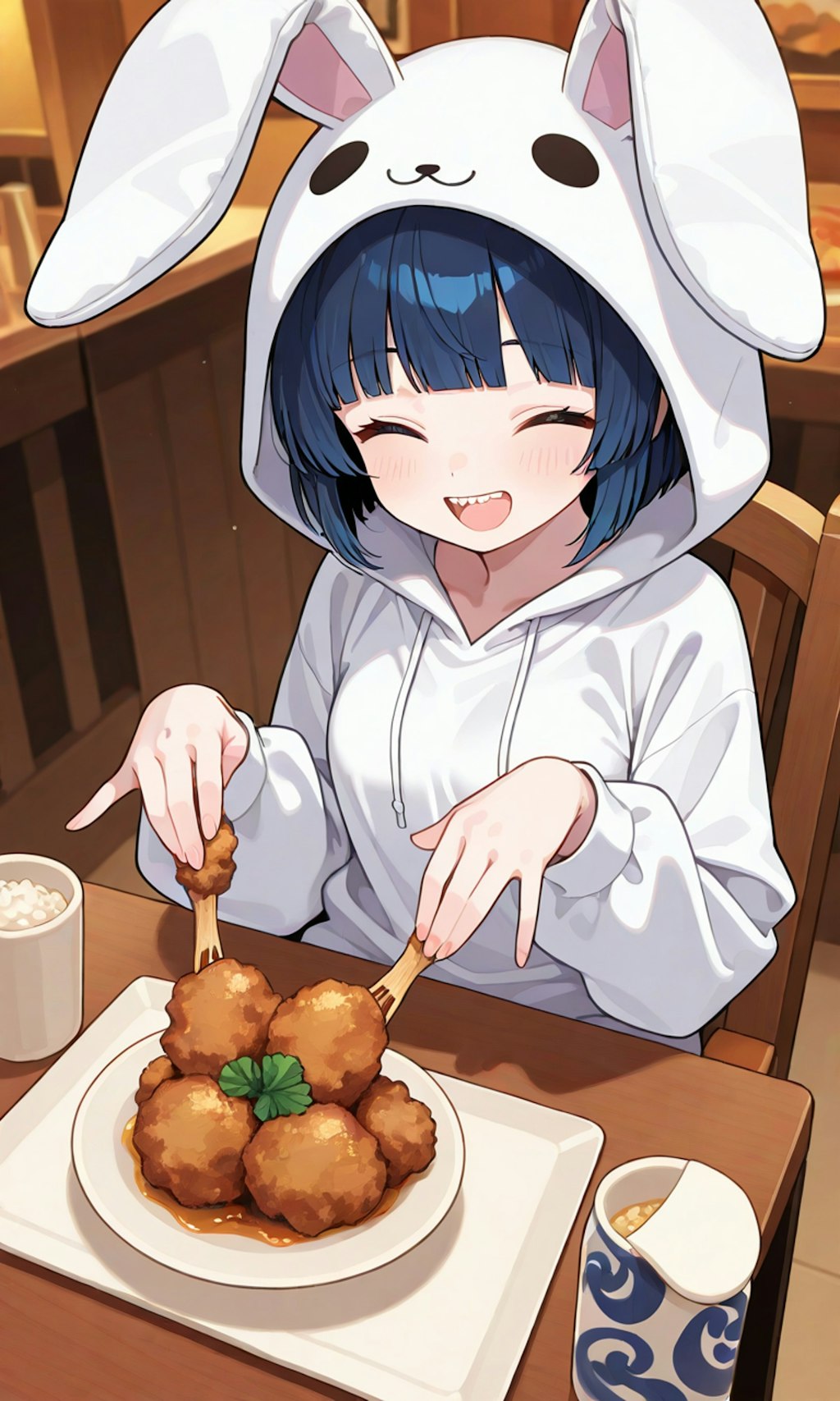 アニキ、ウサギ姿なら唐揚げ食べ放題なんだって🎵