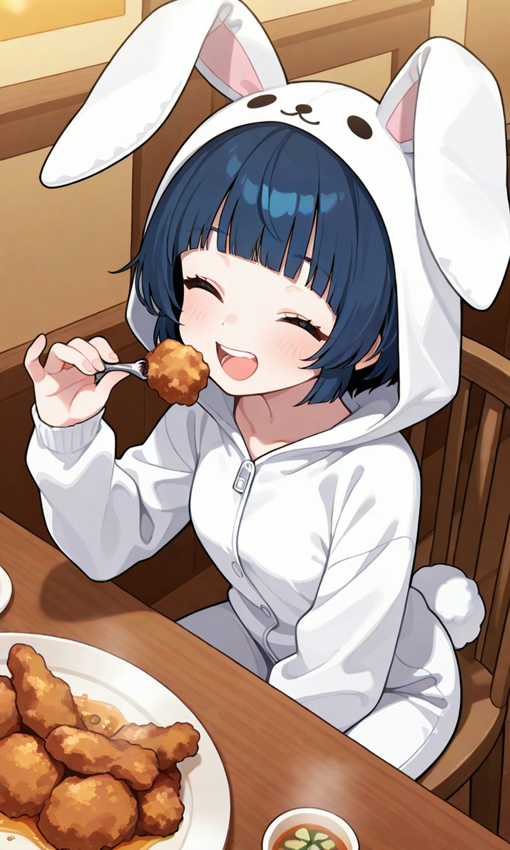 アニキ、ウサギ姿なら唐揚げ食べ放題なんだって🎵